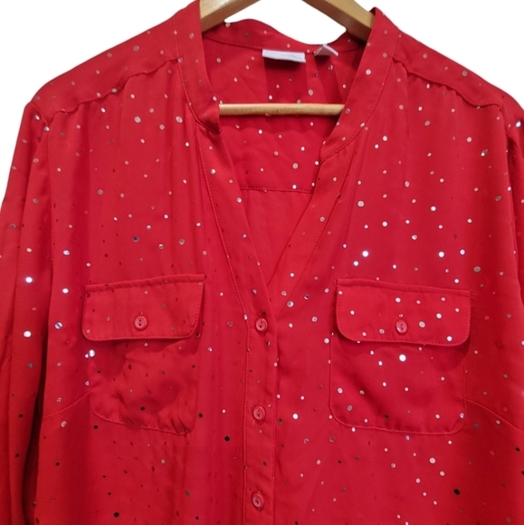 3X Metallic Beaded Adjustable Long Sleeve Pockets Button Down Party Blouse - Picture 5 of 7